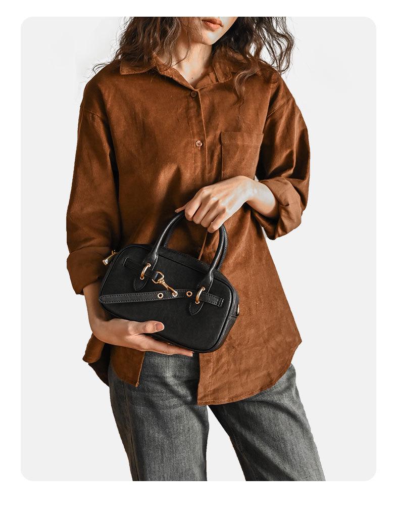 Exklusiv Retro Boston Bowling Handväska i Äkta Läder - Snygg Axelremsväska & Pendlarväska för Kvinnor