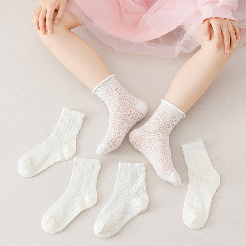 5 Paia Calzini Bianchi a Rete Traforata per Bambina Primavera Estate Sottili Traspiranti Calzini a Tubo Medio per Principessa Bambina Cotone con Volant Calzini per Bambini