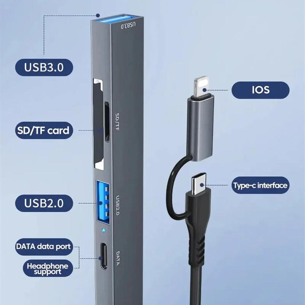 

ADS-805 Type-C+Lightning Hub Expansion Converter to USB-C Data+USB 2.0+USB 3.0+2 Card Reader Slots As Shown A