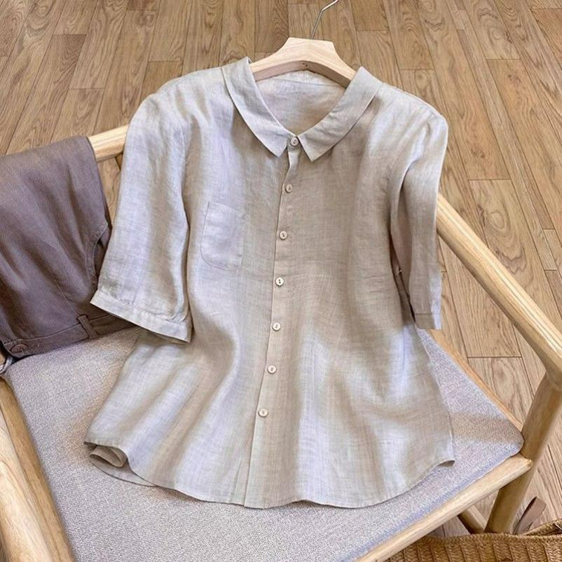 Summer All-match Loose Cotton and Linen Literary Retro Lapel Solid Color Temperament Shirt Cotton and Linen Blouse Women's Short-sleeved