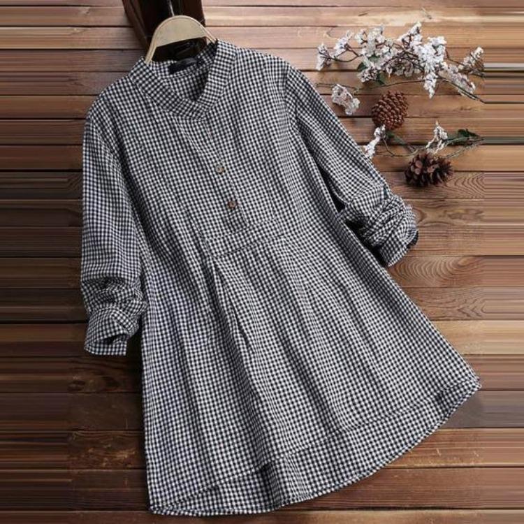Plus Size Women Casual Loose Swing Blouse Plaid Tunic Tops Long Sleeve Button Up Lapel Pleated Flowy T Shirts