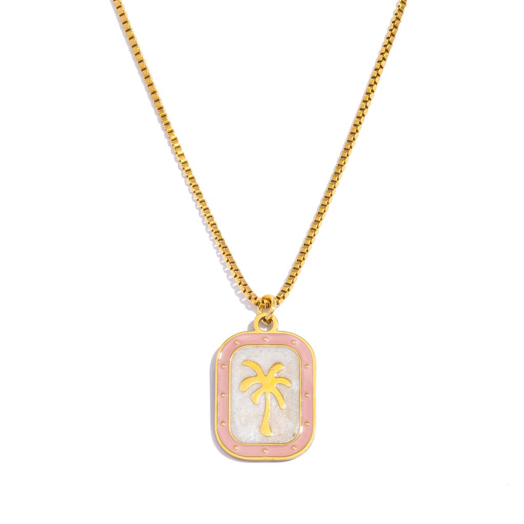 Tropical Coconut Tree Pendant Necklace for Women - Cold Enamel on 18K Gold Plated Stainless Steel, Hypoallergenic Beach Jewelry