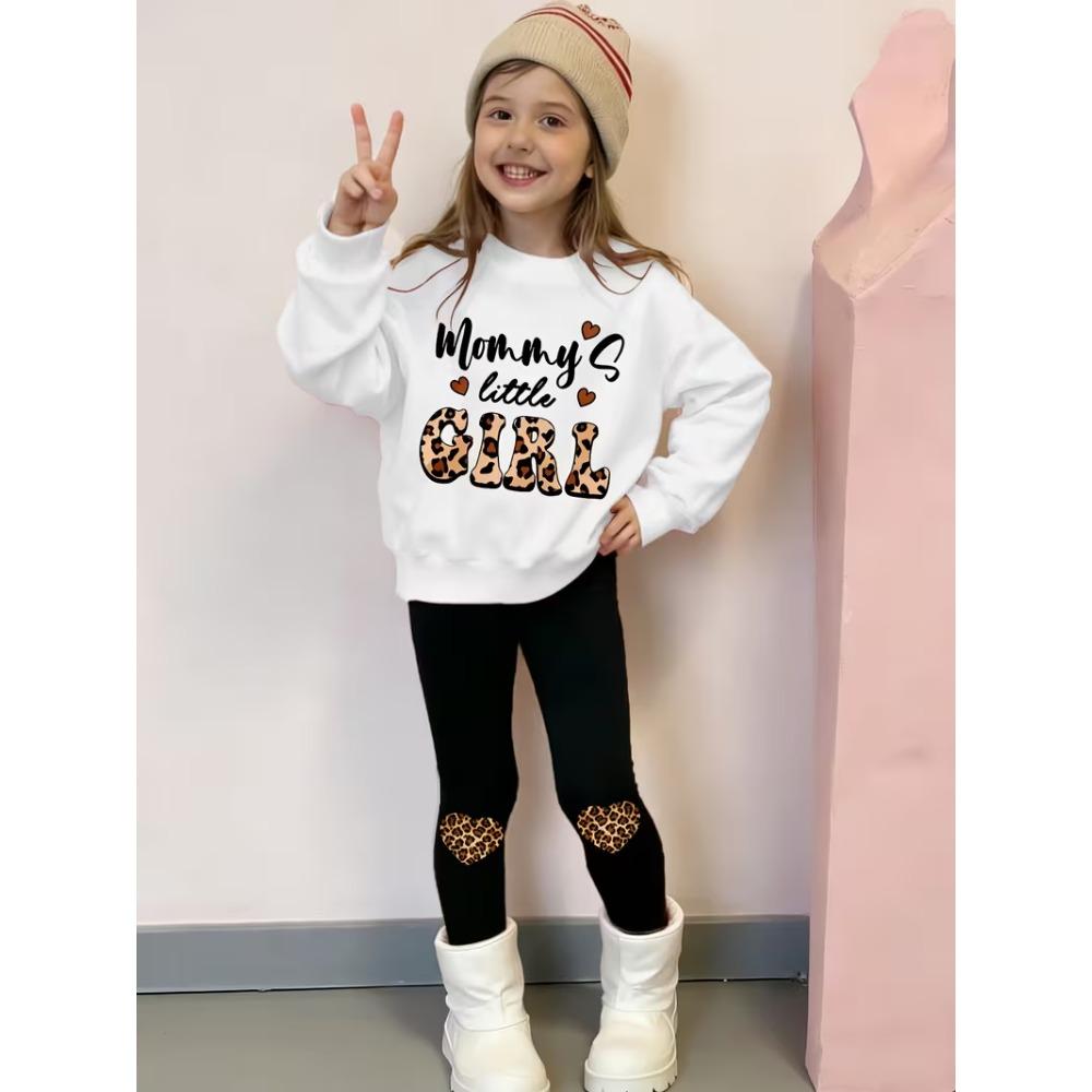 Girls' Leopard Letter Casual Comfortable Soft Loose Pullover Sweatshirt and Leggings 2-Piece Set, New Autumn/Winter, Playful, Sweet and Cool Style