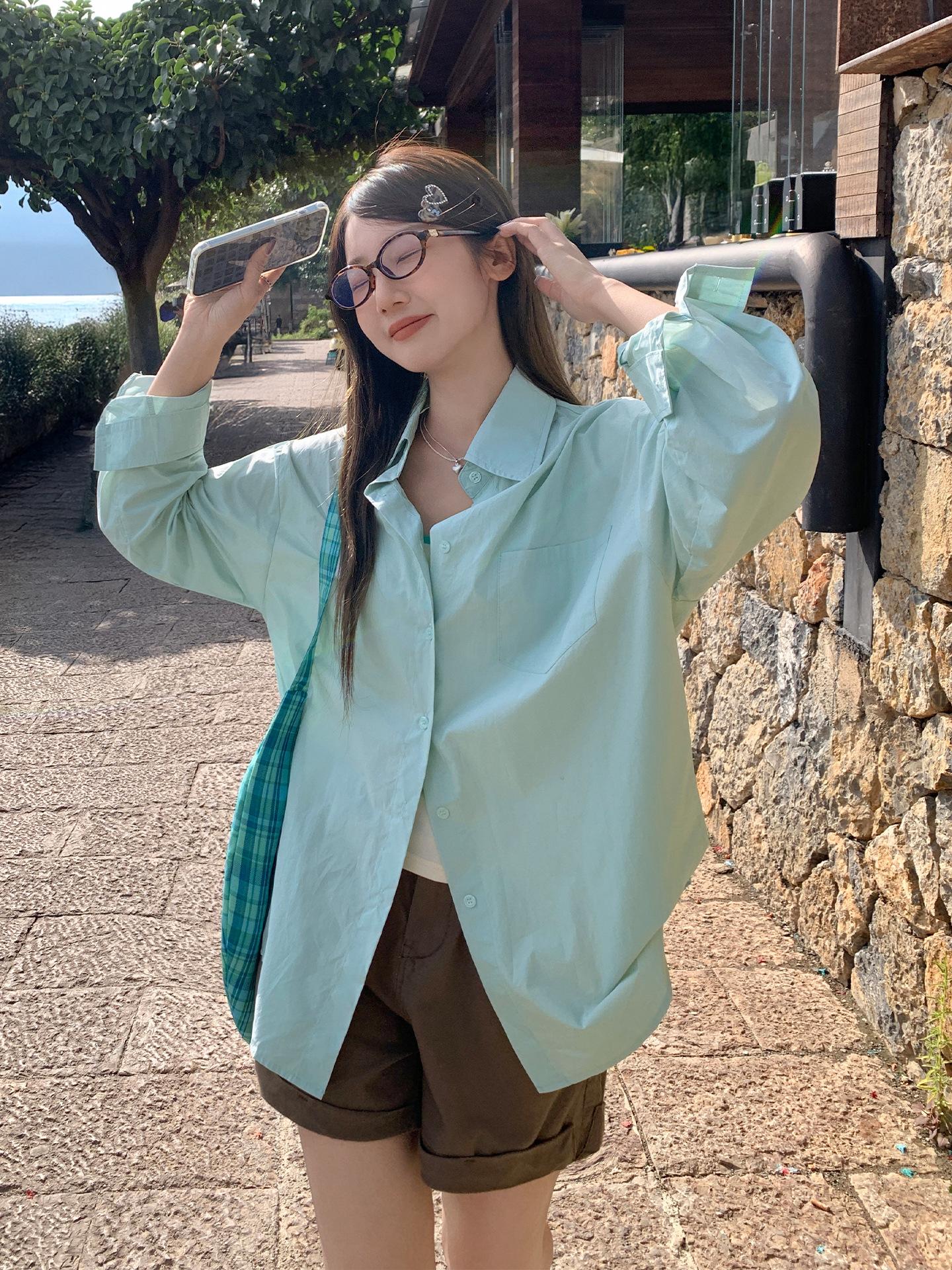 

Korean simple versatile lapel collar long-sleeved shirt women s autumn new temperament solid color casual loose top One size fits all м ята зелений колір