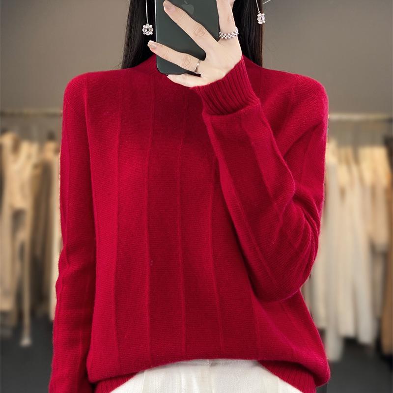 2023 Women's Pure Wool Round-Neck Sweater - Solid Color, Vertical Stripe, Commuter Style, Knitted for Warmth