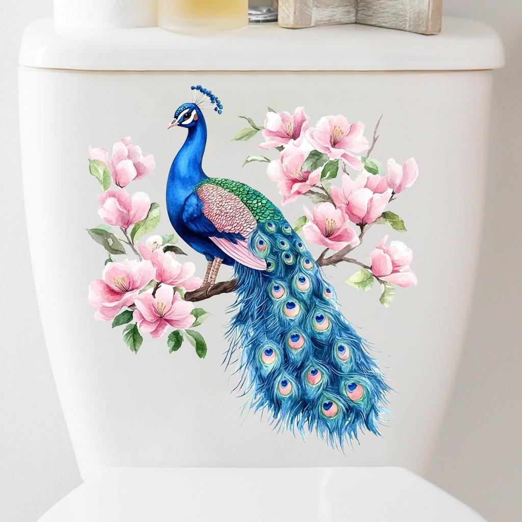 Elegant Peacock & Floral Toilet Stickers, Waterproof Removable Decals for Bathroom & Living Room Wall Decor