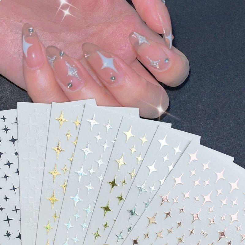 Sternenlicht Nagelsticker, Selbstklebende Sticker mit vierzackigen Sternen, Laser Gold und Silber Schwarz und Weiß Nagelsticker, Nagelsticker