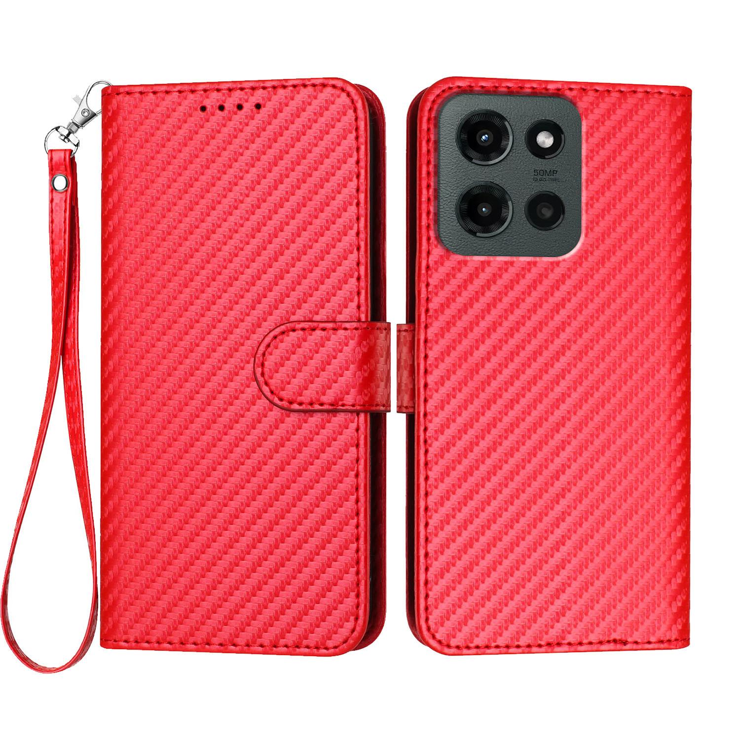 

Для Motorola Moto G Stylus 5G (2025) Чохол-гаманець з ремінцем Шкіряний мобільний чохол з текстурою вуглецевого волокна Red