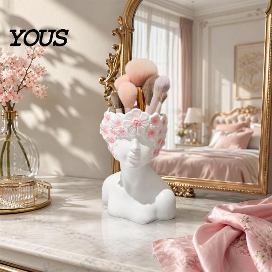 Desktop Storage Organizer Box, with Artistic Side Face Design, Nordic Style Versatile Makeup Luxury Vanity Decor Brush Holder, for Bedroom Dressing
