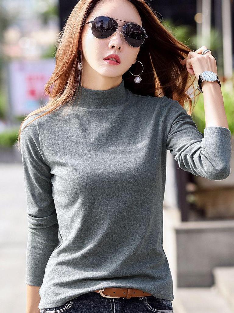 218 Korean Style Fleece-Lined Women's Long Sleeve Base Layer Top for Autumn/Winter