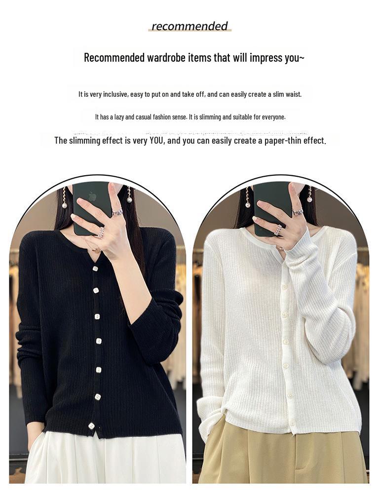Women's Worsted Wool Cardigan: V-Neck, Lightweight, Loose Fit, Long-Sleeved, Sun-Proof, Spring/Summer Knit Sweater Jacket.