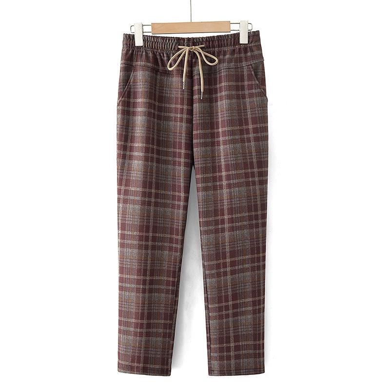 Spring Style Fashionable Plaid Elastic High Waist Pants for Middle-aged and Elderly Women