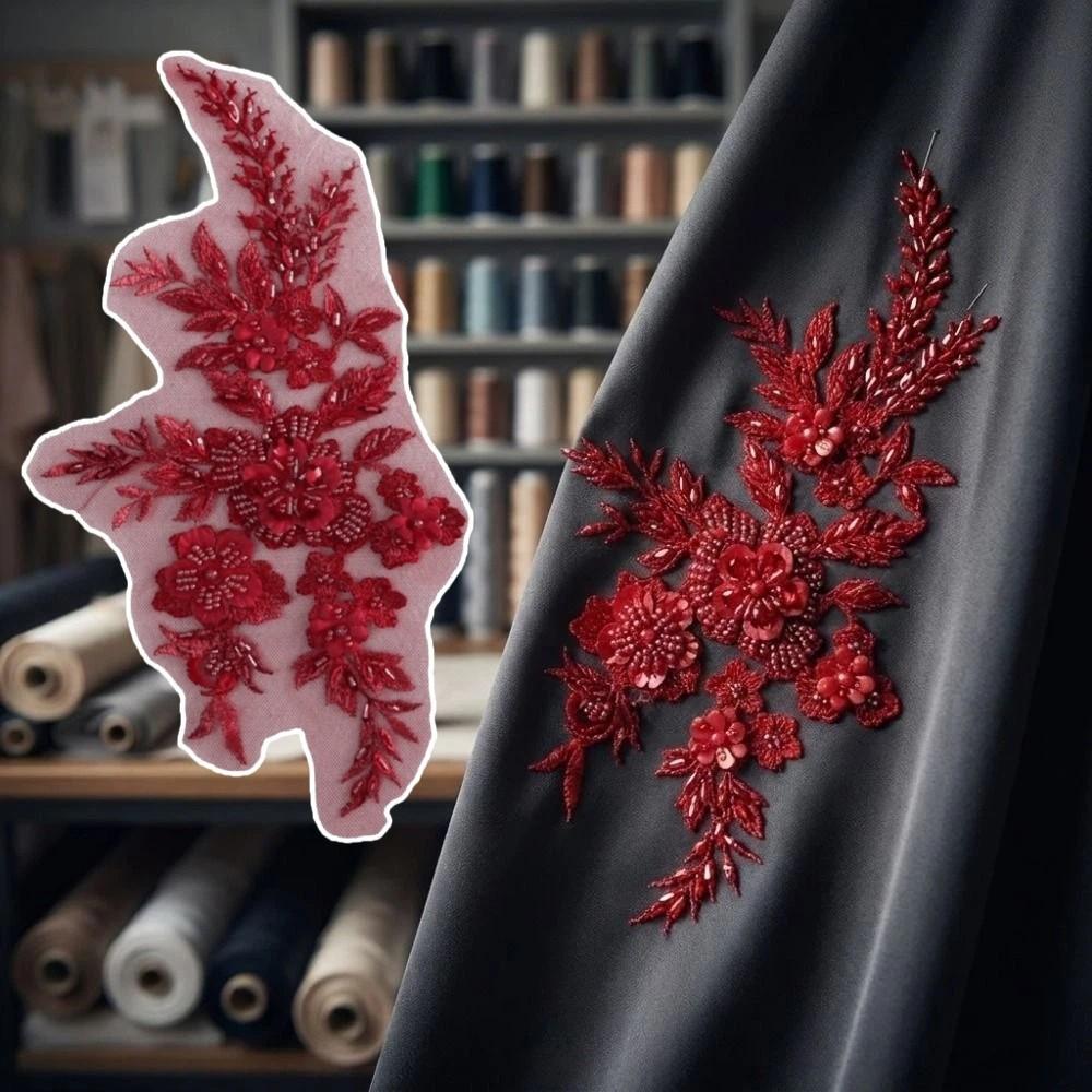 Beaded Lace Embroidered Floral Patches Mesh Fabric Iron On Floral Patches Repair Patches