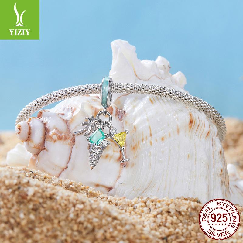S925 Silver Beach Pendant Cocktail Ocean Style Personality Diy Bracelet Beaded Accessories
