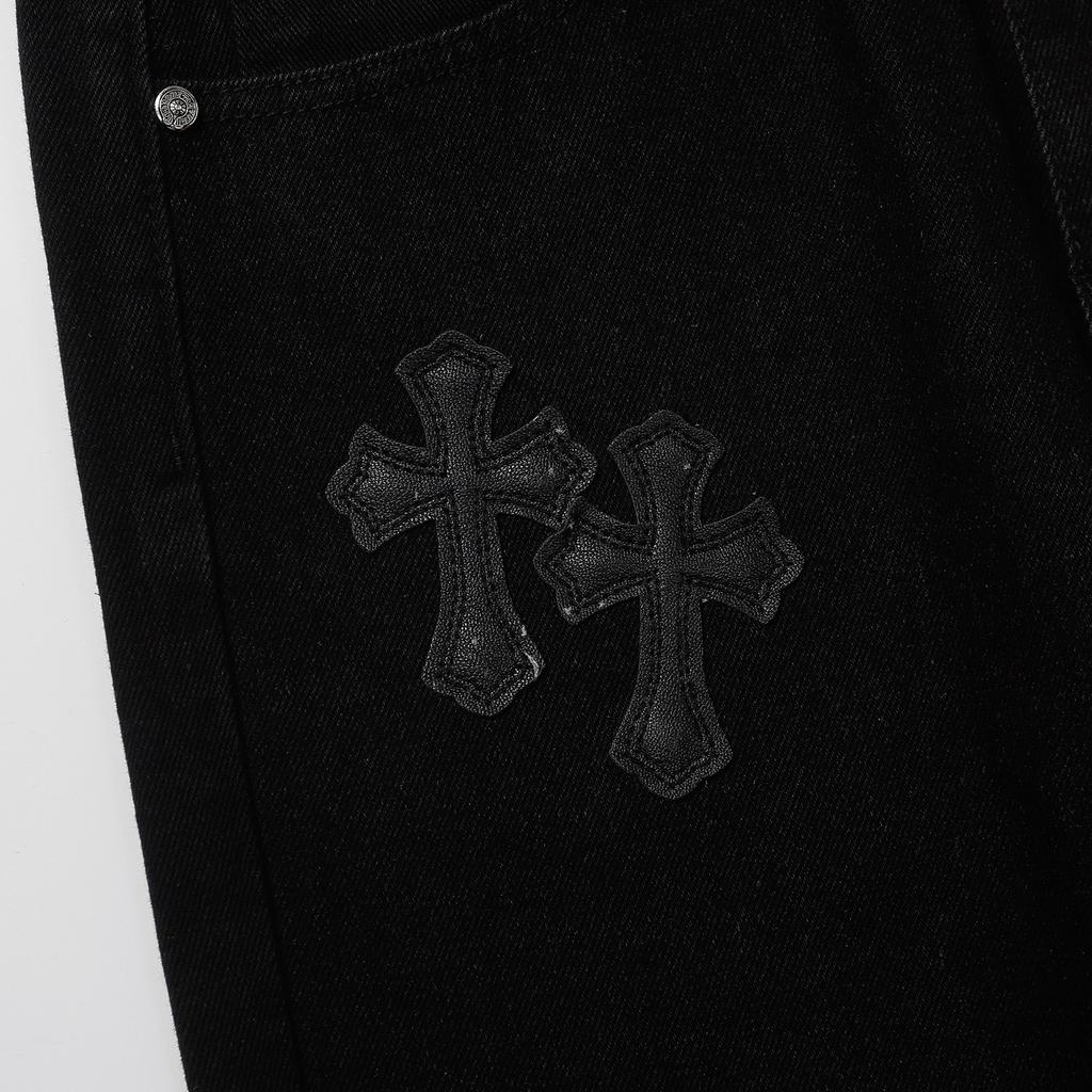 9930 CHROME HEARTS Men's and Women's American Style Trendy Jeans with Fabric Patches, Casual and Fashionable High Street Pants
