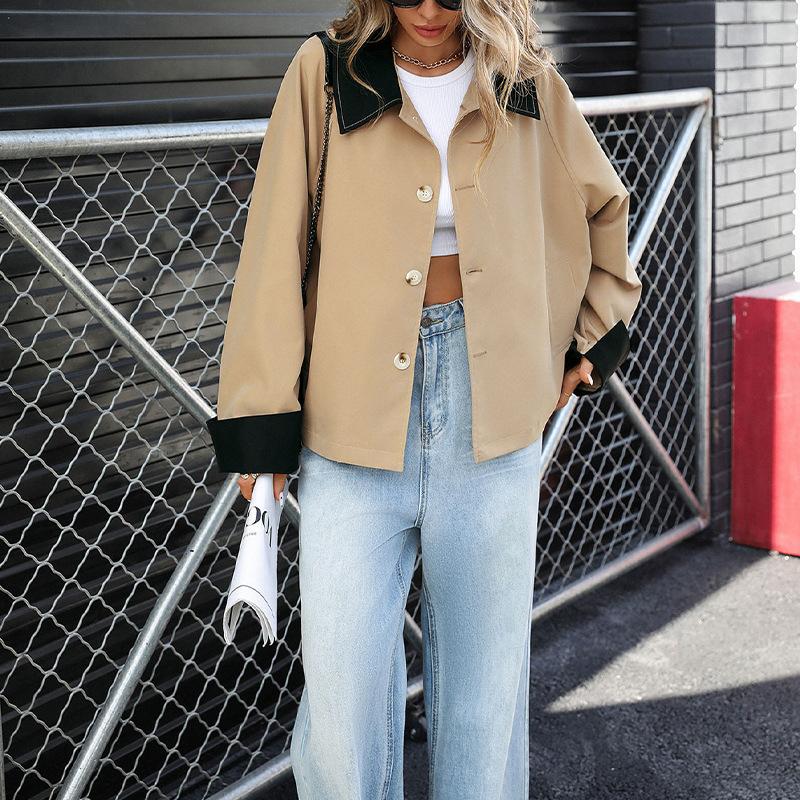 Female Cropped Trench Coat Single Breasted Jacket Fall Windbreaker Fashion Outerwear