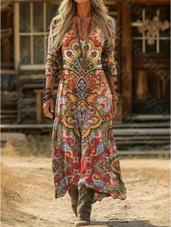 Damen Retro Blumenmuster Langarmkleid - Europäischer & Amerikanischer Stil
