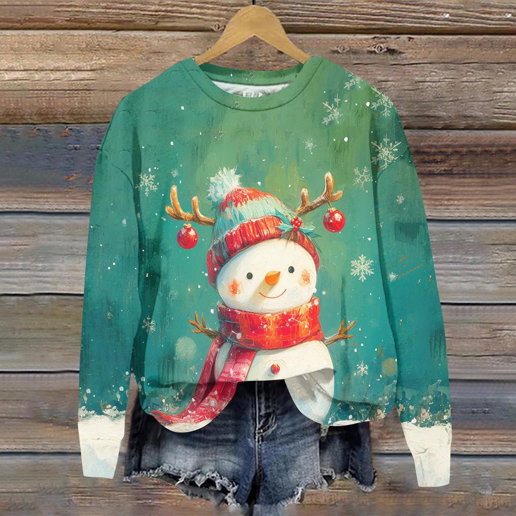 Ladies' Christmas Printed Long Sleeved Round Neck Hoodie Loose Top