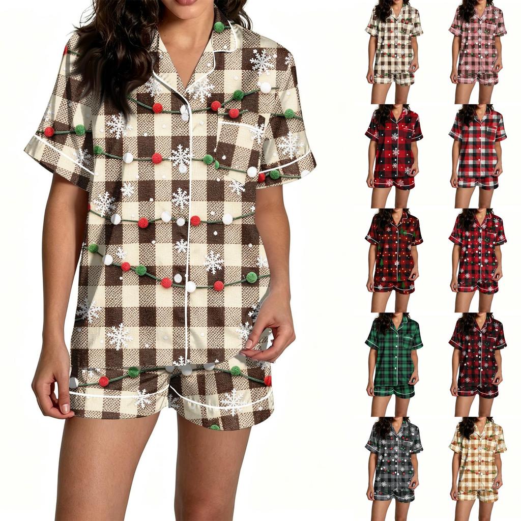 Women's Christmas Pajama Set Short Sleeve Button Down Shirt and Shorts Sleepwear Set