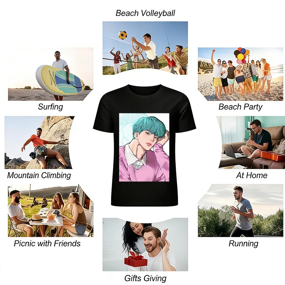 Anime Style Blue-haired Handsome Guy Print Long-sleeve Top Unisex Casual Loose T-shirt Pure Cotton T-shirt