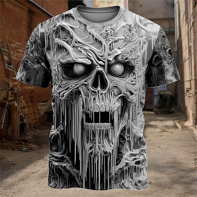 2025 Neues Herren Atmungsaktives Rundhals-T-Shirt mit Gruseligem Totenkopf-Print für Halloween Kurzarm Street Hip Hop Casual Outdoor Oberteil