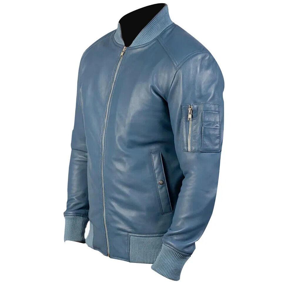 Men's Genuine Leather Blue Lambskin Bomber Stylish Biker Jacket Handmade Casual