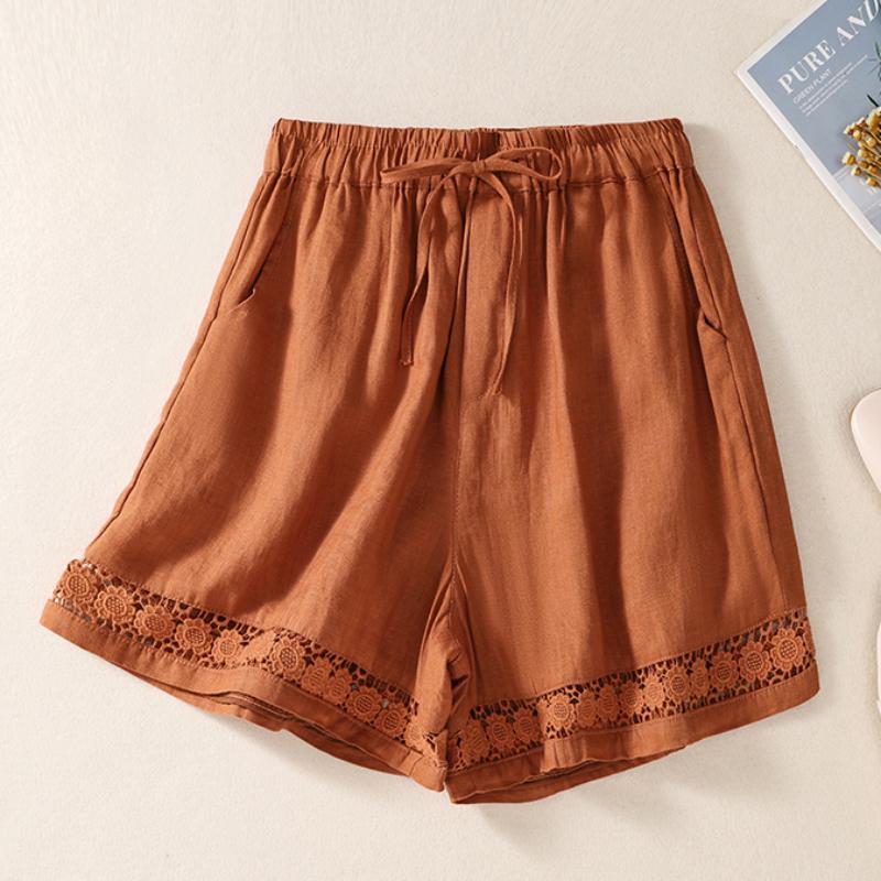 Casual Solid Linen Lace Floral Summer Short Pants Loose Elastic Waist Boho Beach Wear Shorts Women Bottom