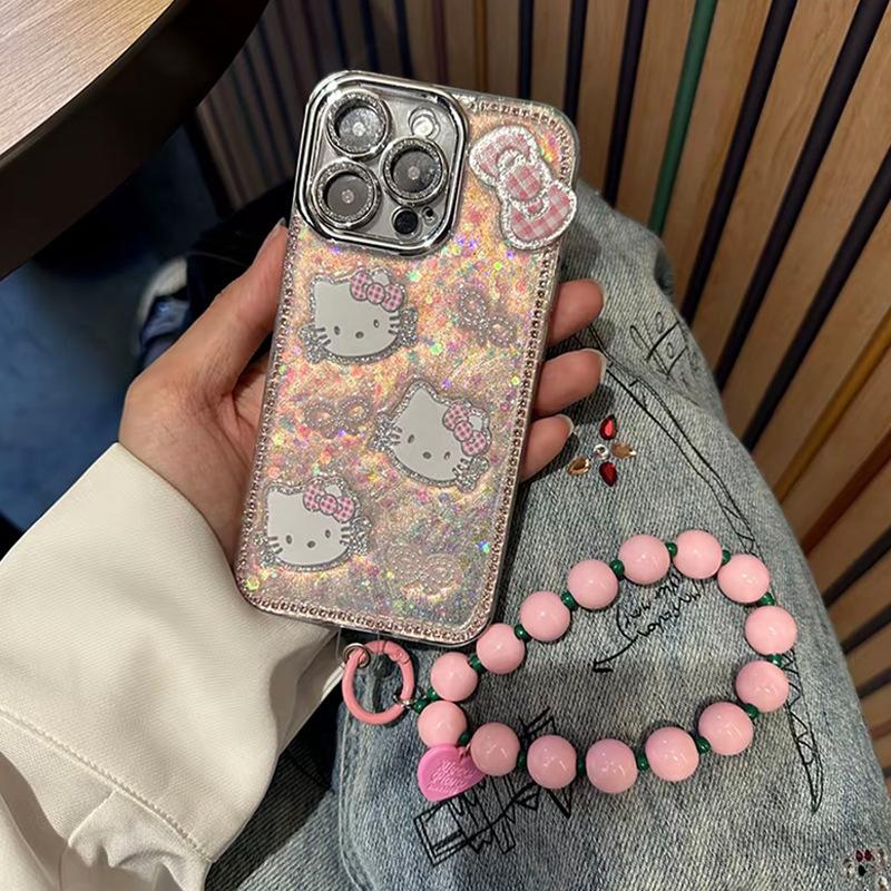 Luxury High-End Wind Fine Hole Anti-Drop 17 Mobile Phone Case Is Suitable For Apple 16Pro Cartoon Kt Cat Pink Epoxy