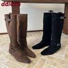 Fashion Fashion Flock Women Knee High Boots With Wedges Low Heel Shoes Buckle Female Pointed Toe Ladies Long Modern Boots Shoes