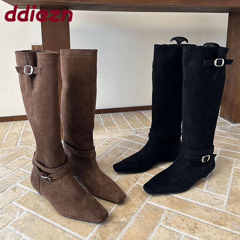 Fashion Fashion Flock Women Knee High Boots With Wedges Low Heel Shoes Buckle Female Pointed Toe Ladies Long Modern Boots Shoes