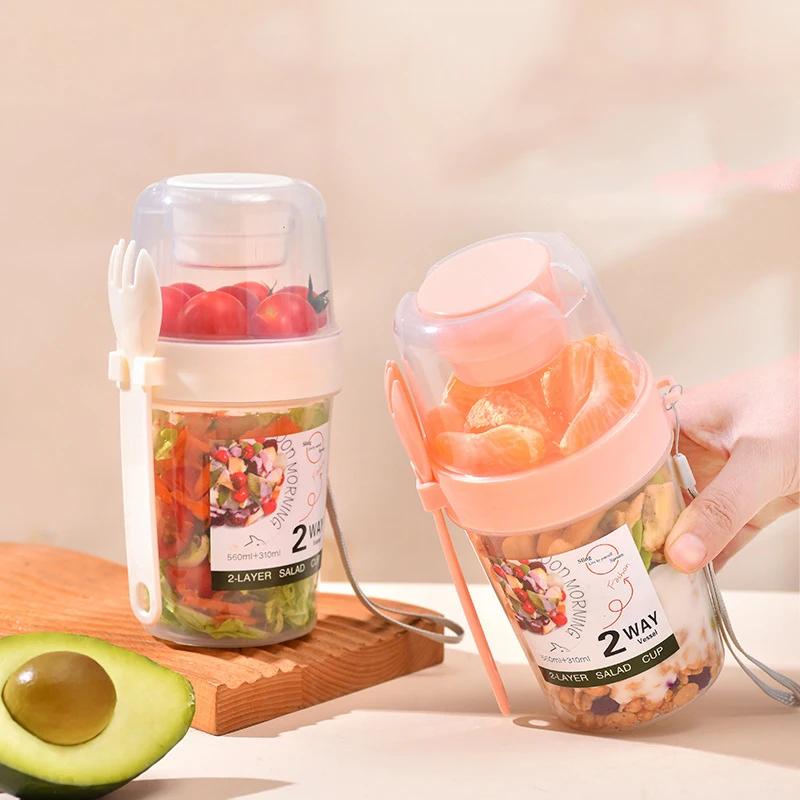 1Pc Breakfast Fruit Oat Yogurt Salad Cup With Lid And Spoon Two-layers Food Storage Bento Box Fitness Fat-Reduced Taper Bowl