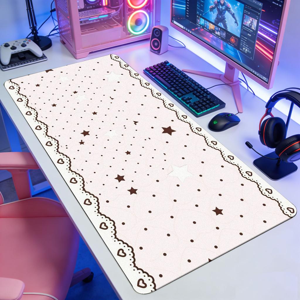 Pink Black Polka Dot Lace Large Gaming Mouse Pad XXL Extended Desk Mat Cute Trim Decor for Office