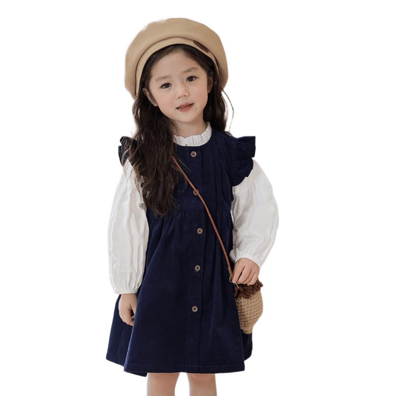 LUSON Girls Ruffled Corduroy Vest Dress Set 80 темно-синий
