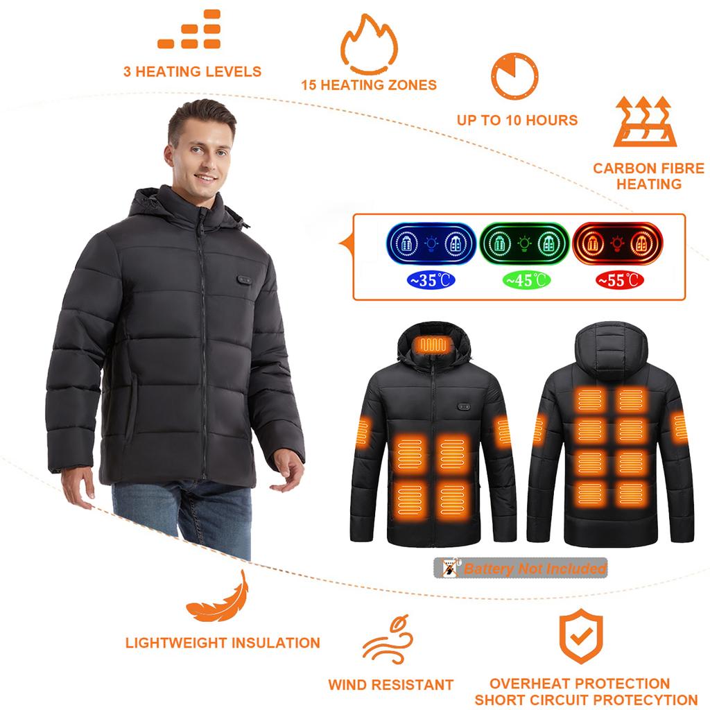 Mens Womens Heated Jacket Winter Outdoor USB Vest 15 Heating Pads 3 Temperature Settings Battery Not Included
