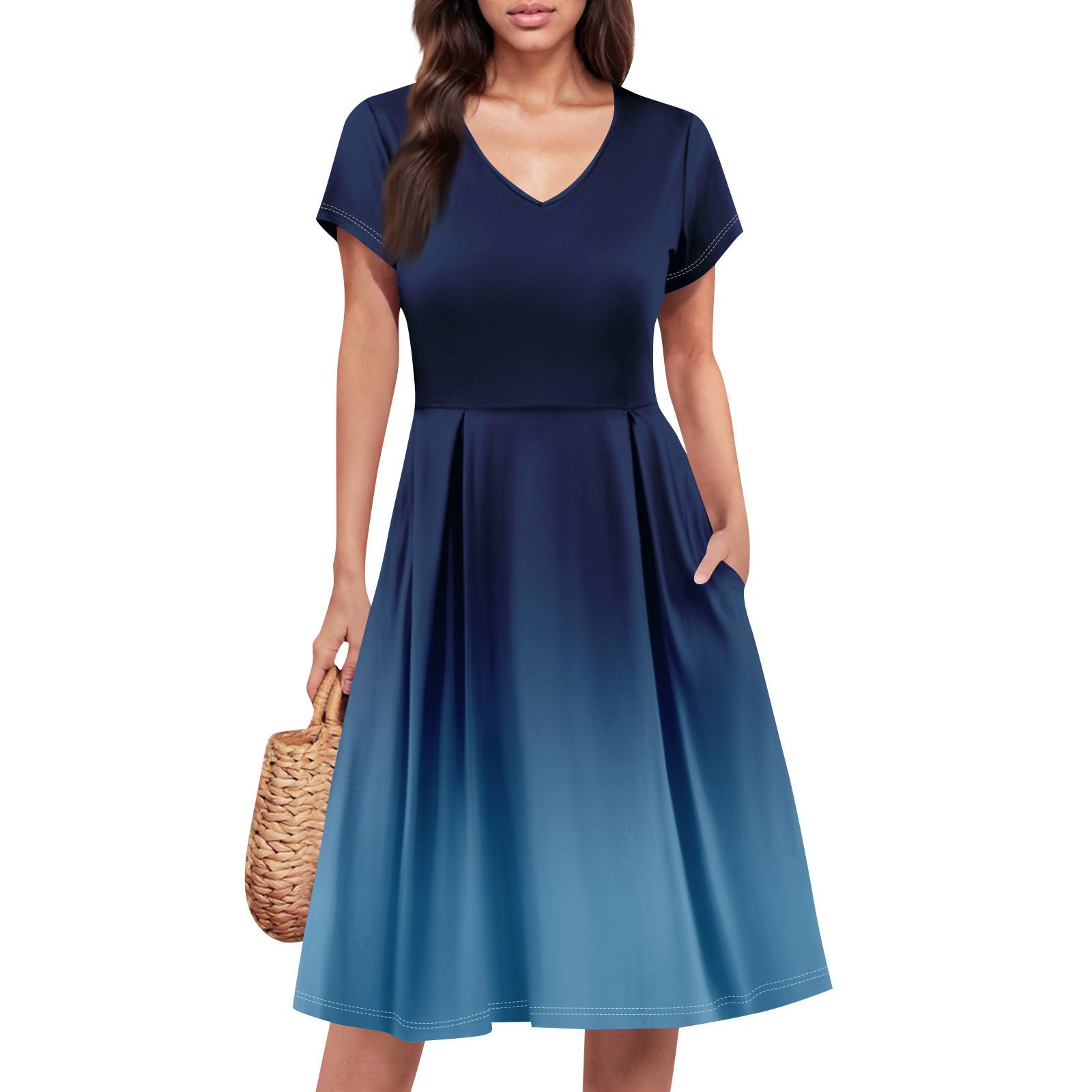 

Женское летнее платье с коротким рукавом, V-образным вырезом, короткое, модное, повседневное, летящее, А-силуэта, платье-сарафан с карманом XL