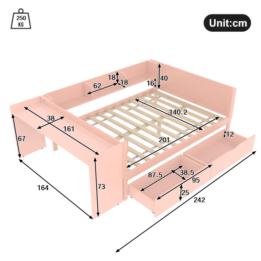 Letto a piattaforma, letto in legno, 140x200cm, con scrivania, dotato di 2 cassetti, letto matrimoniale (senza materasso), con ripiani, pino + truciolare, rosa