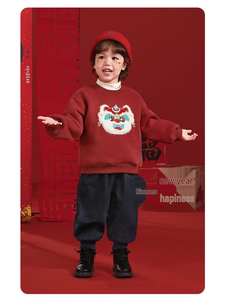 Europäisches Jungen-Sweatshirt mit rotem Fleece-Futter für Neujahr - Herbst Winter Kinderkleidung