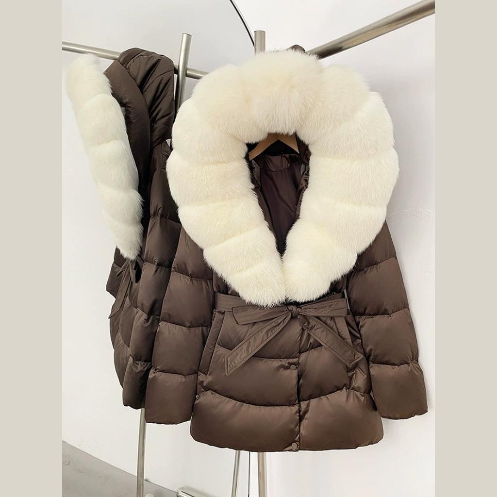 Winter Fox Big Fur Collar High-end Thickened Down Jacket Women's Mid-length Waist Imitation Leather Jacket