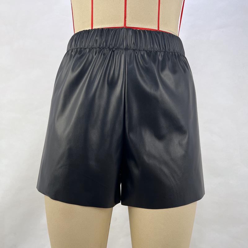 2025 Women s Solid Color PU Leather Waist-Cinching Shorts Extra Large чёрный