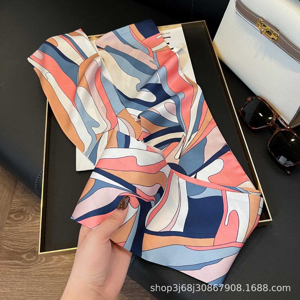 Long Silk Scarf Women's New Small Silk Scarf Printing Simulation Silk Tied Bag Streamer Explosion Sweet Little Scarf