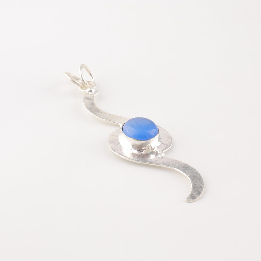 Dark Blue Cat's Eye Gemstone 925 Sterling Silver Jewelry Handmade Chain Pendant PP-44-33