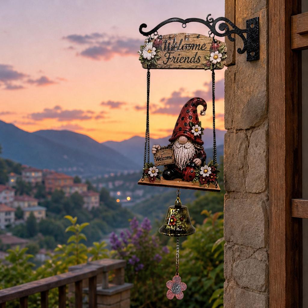 Retro Gnome Welcome Bell Ornament Multi-Purpose Rustic Hand Bell Figurines Crafts Welcome Doorbell Ornament for Entry Home Decor