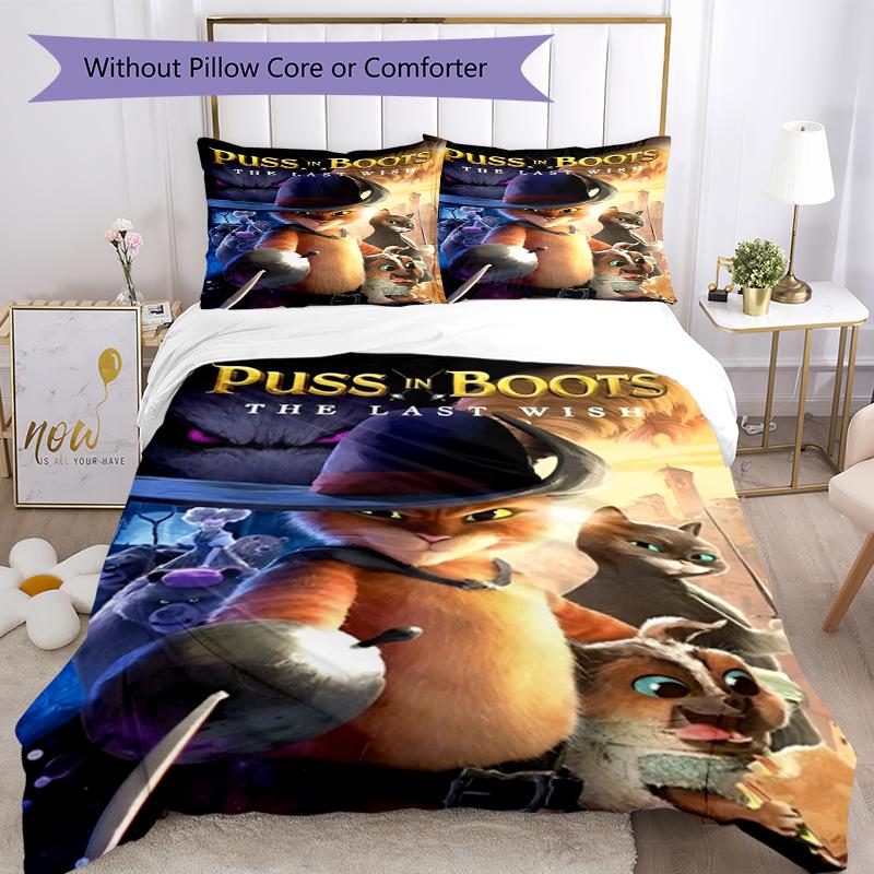 3pcs Puss In Boots Bedding Set Duvet Cover Closure Includes 1 Duvet Cover & 2 Pillowcases, Soft and Comfortable for All Seasons.