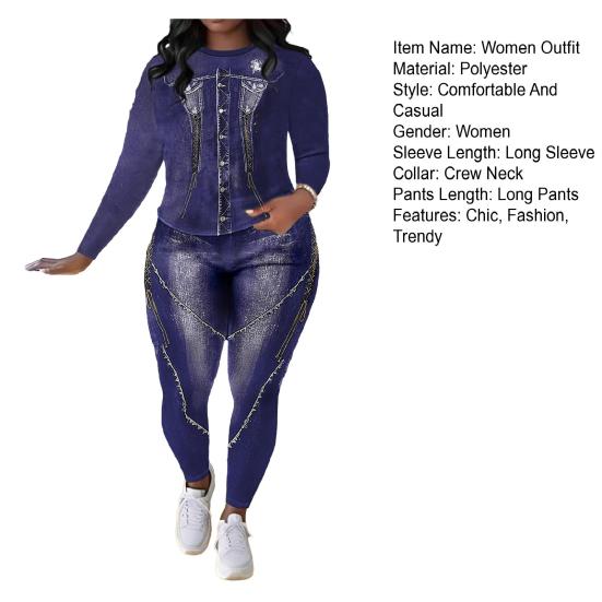 Women's 2 Piece Fake Denim Printed Outfits Long Sleeve Tops Bodycon Legging Pants Sets Sexy Party Clubwear Tracksuit