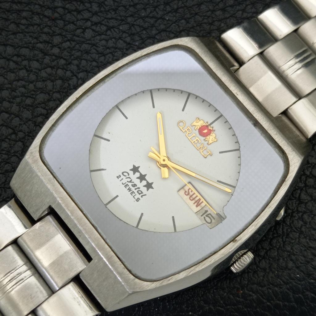 GENUINE 46941 VINTAGE ORIENT CRYSTAL AUTOMATIC JAPAN MENS WHITE WATCH a704888-1
