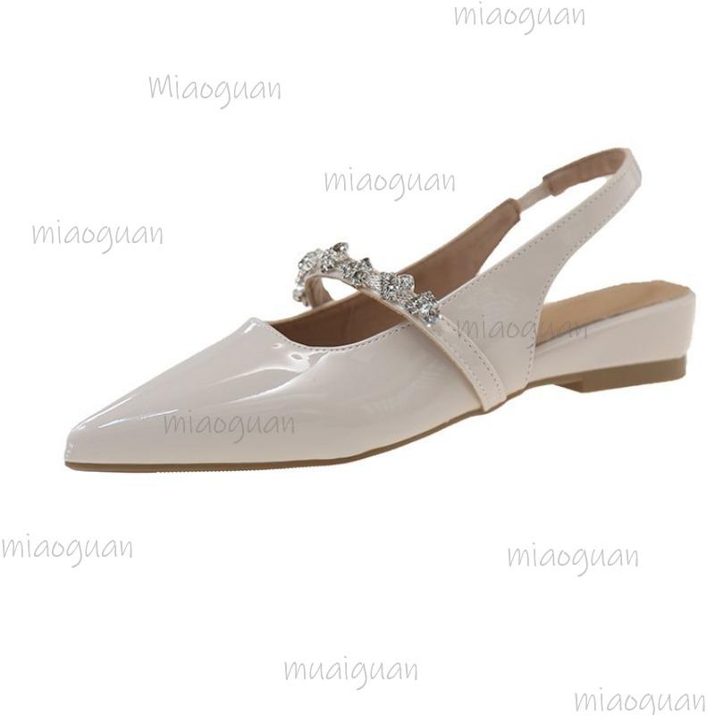 

Fashion Elegant Patent Leather Low Heel Sandals for Women Shiny Crystal Pointed Toe Party Dress Shoes Size40 Comfort Slingback Sandals 40 бежевый