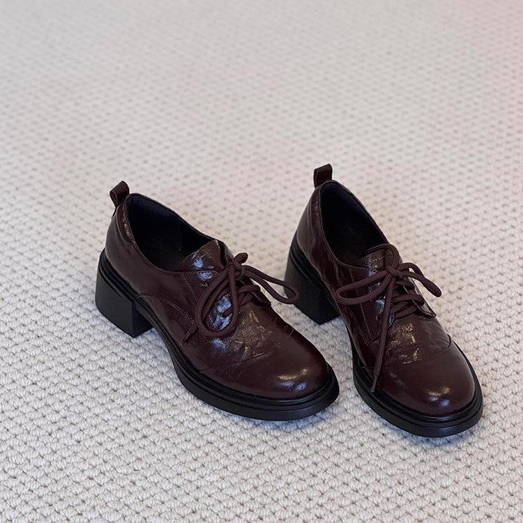 

Retro thick heel platform loafers women s 2025 autumn new lace-up versatile British style black small leather shoes single shoes 40 коричневый