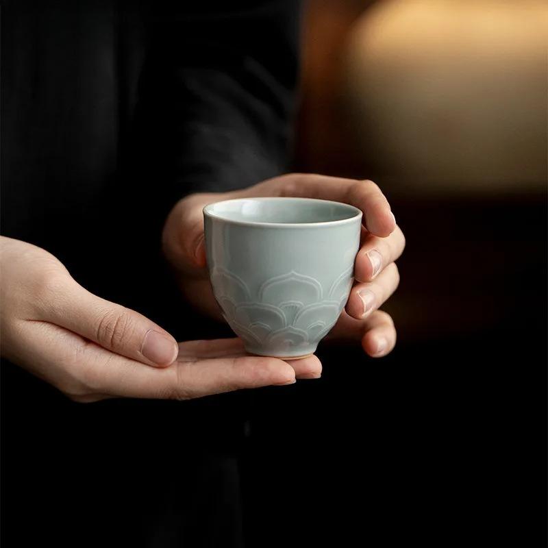 2pc/lot Yaozhou Kiln Lotus Petals Teacup Japanese Tea Bowl Cup For Tea Tea-tasting Meditation Cup Jianzhan Master Cups Gift 80ml