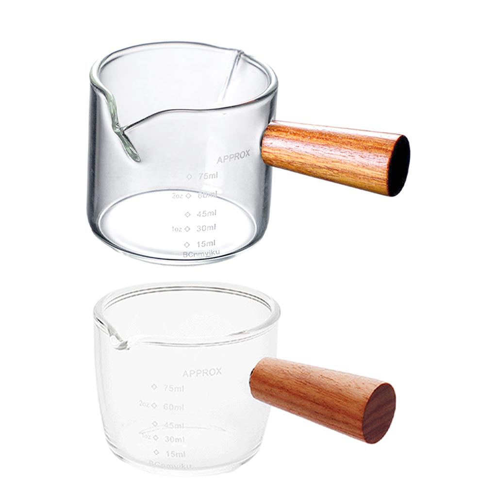 Clear Scale Heat Resistant Measuring Cup with Wooden Handle Small Glass Ounce Cup for Coffee Barista Kitchen