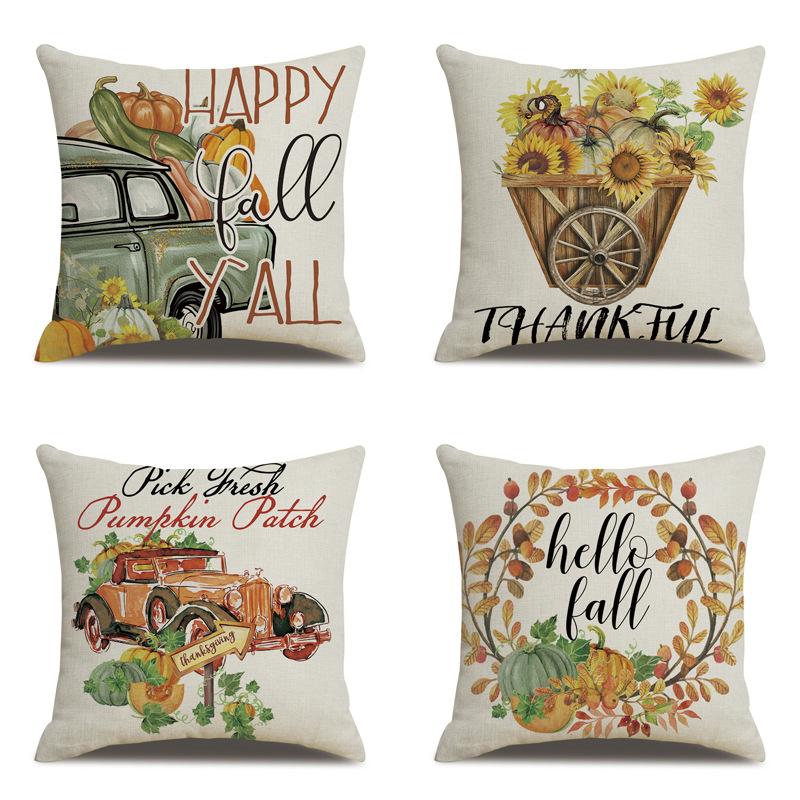 Thanksgiving Linen Pillowcase Autumn Pumpkin Print Pillow Cushion Cover